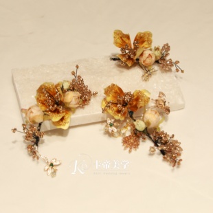 ETE新款新娘中式秀禾服金色绒花发簪旗袍龙凤褂百搭头饰12754