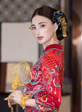 ETE新款新娘中式秀禾龙凤褂头饰金色蓝色绒花发饰套装复古12653