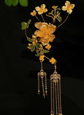 ETE正品新款金绿色流苏侧边精致花朵点缀发饰13165