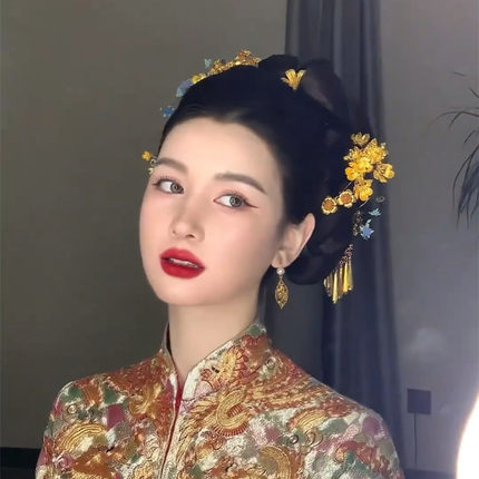 ETE新款中式秀禾头饰配饰纯铜气质复古古风金色百搭侧边夹11173