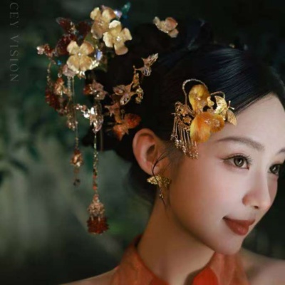 ETE正品新款金色高级绒花新娘点缀新中式秀禾百搭侧边夹12790