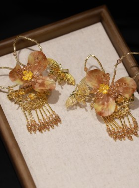 ETE正品新款金色高级绒花新娘点缀新中式秀禾百搭侧边夹12790