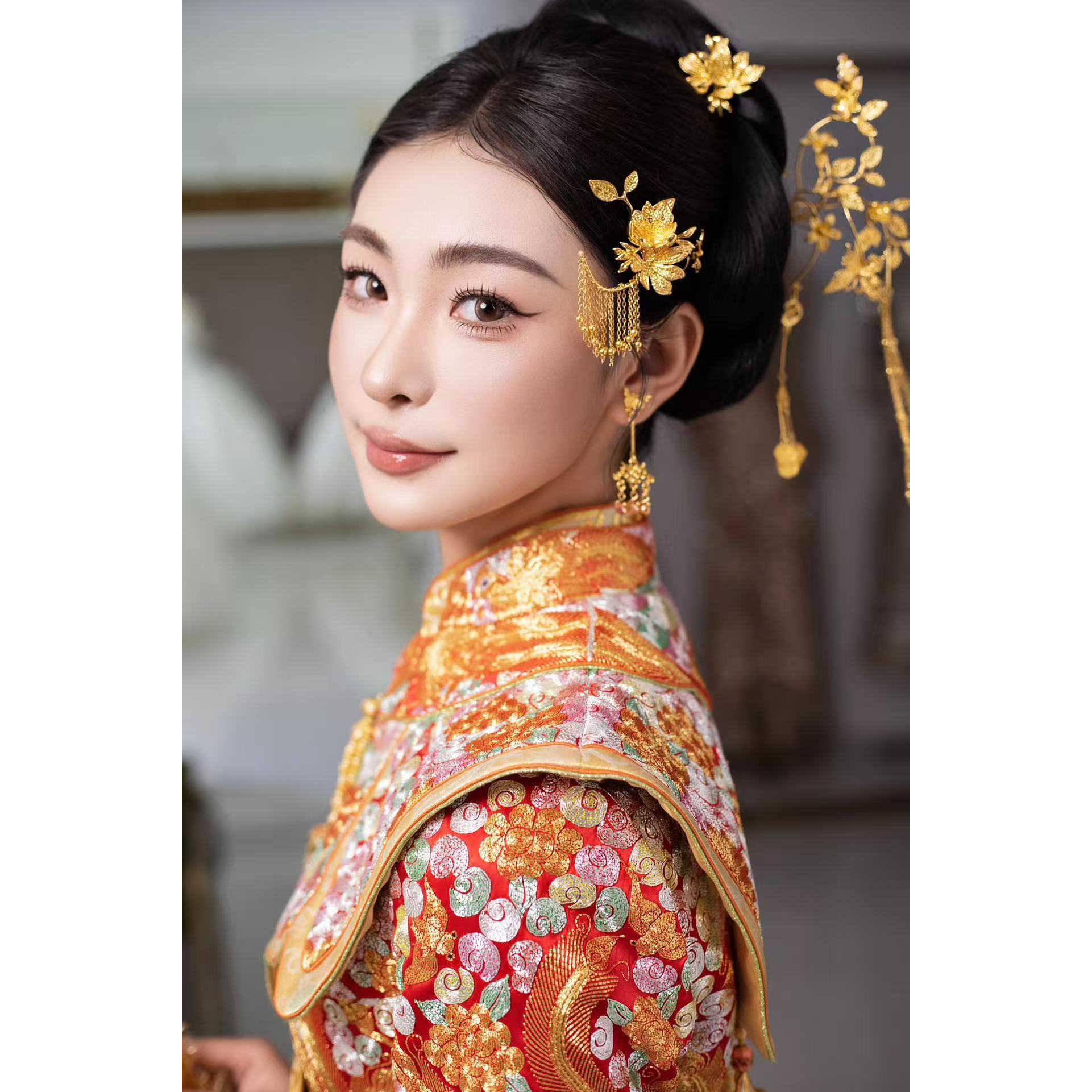 卡帝美学新款头饰金色流苏侧边发簪发钗龙凤褂旗袍边夹配饰12536