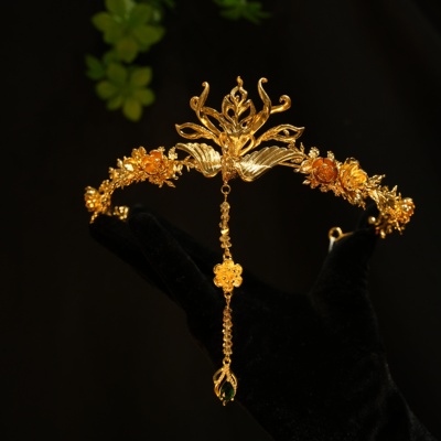 TET正品新款中式金色凤凰发箍额饰秀禾龙凤褂旗袍百搭配饰13359