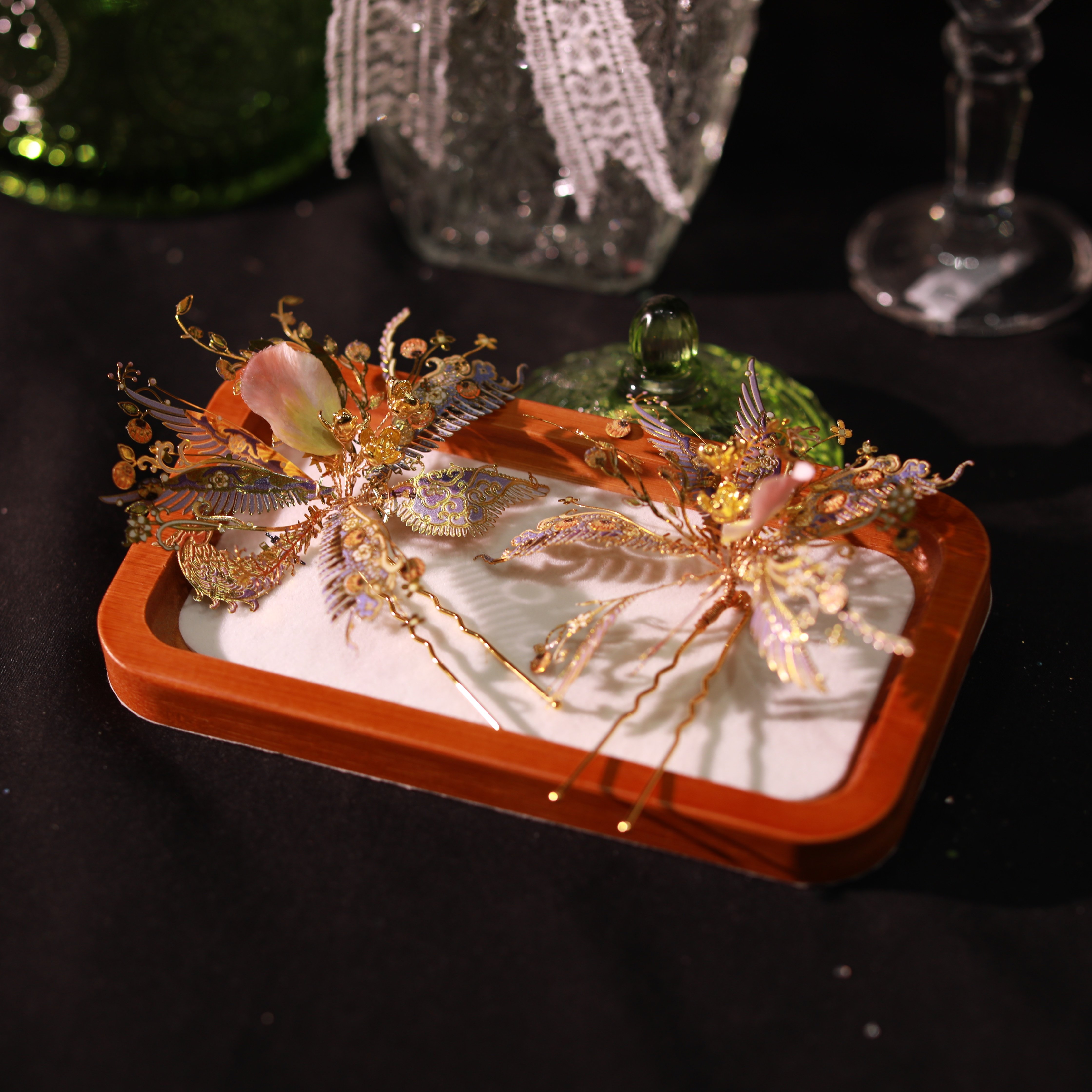 ETE新款新娘秀禾服渐变彩釉发簪新中式龙凤褂结婚头饰对钗13515