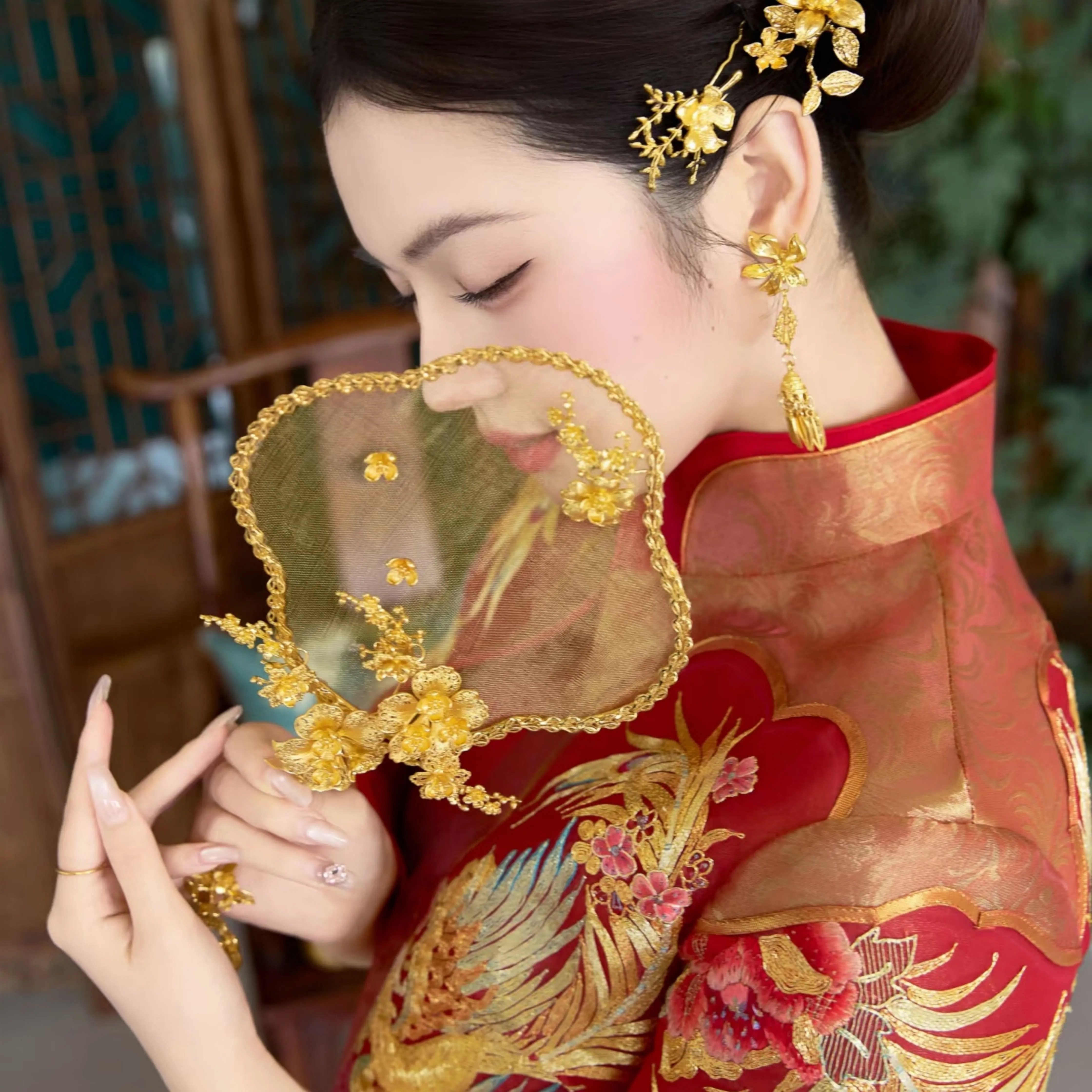 ETE正品新娘中式金色龙凤褂团扇婚礼精致汉服秀禾饰品12129