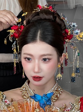 新款ETE正品中式婚礼龙凤褂手工红色绒花中国风秀禾套装发饰12622