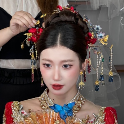 新款ETE正品中式婚礼龙凤褂手工红色绒花中国风秀禾套装发饰12622