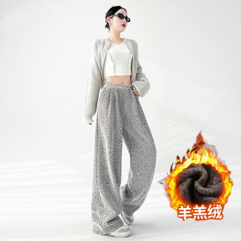 斜纹阔腿裤女秋冬高腰松弛宽松长裤加绒休闲直筒慵懒裤子