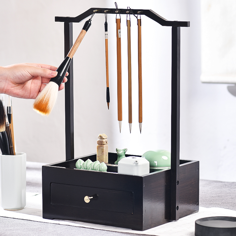 毛笔架笔挂黄铜实木文房四宝