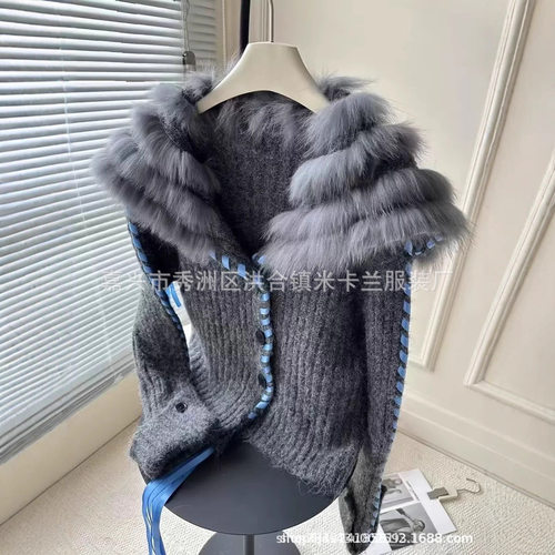 真狐狸毛四色新款百搭海军领翻袖手工穿绳皮草针织毛衣开衫女