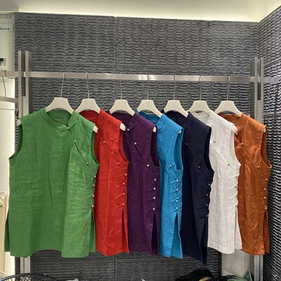 欧洲站2025夏季新款女装立领国风斜盘扣亚麻减龄百搭无袖背心上衣