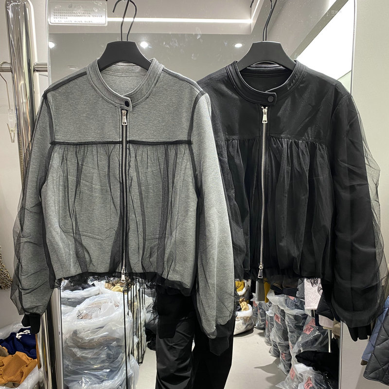 欧洲站2025秋冬新款欧装立领拉链拼网纱显瘦百搭休闲短外套女9112