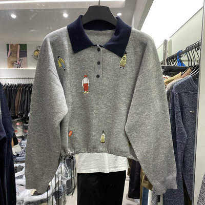 欧洲站2025秋季新款欧货女装撞色翻领提花刺绣抽绳绵羊毛长袖卫衣