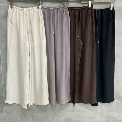 欧洲站25夏季新款女装醋酸缎面松紧腰抽绳垂感显瘦直筒休闲裤 T53