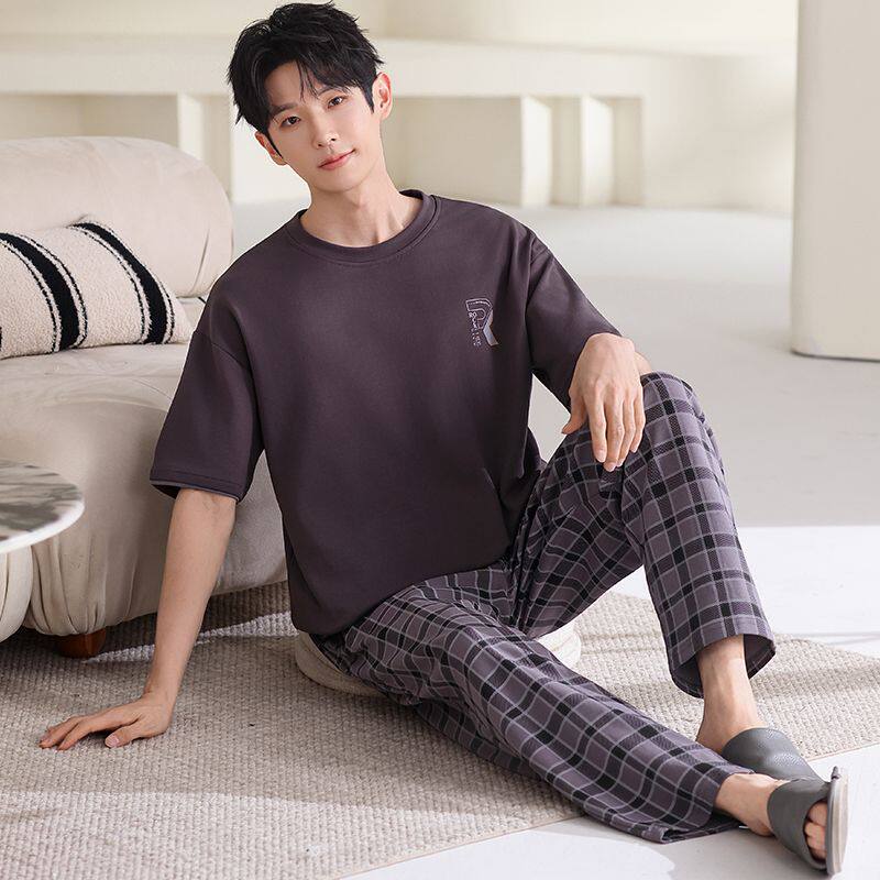 高级感棉睡衣男夏季天可外穿短袖长裤学生两件套装男士休闲家居服