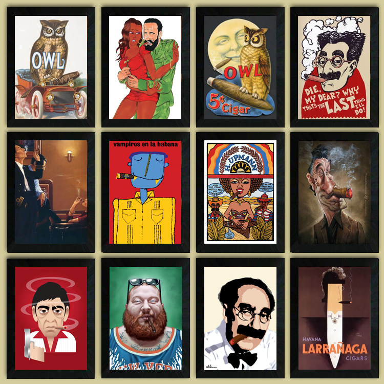 卡通人物抽雪茄挂画 仿 油画红酒吧雪茄吧装饰画 现代有框装饰画