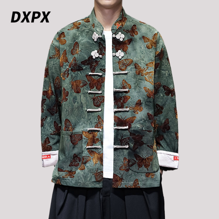 DXPX品牌专柜中国风复古盘扣外套春秋款男士立领百搭蝴蝶印花上衣