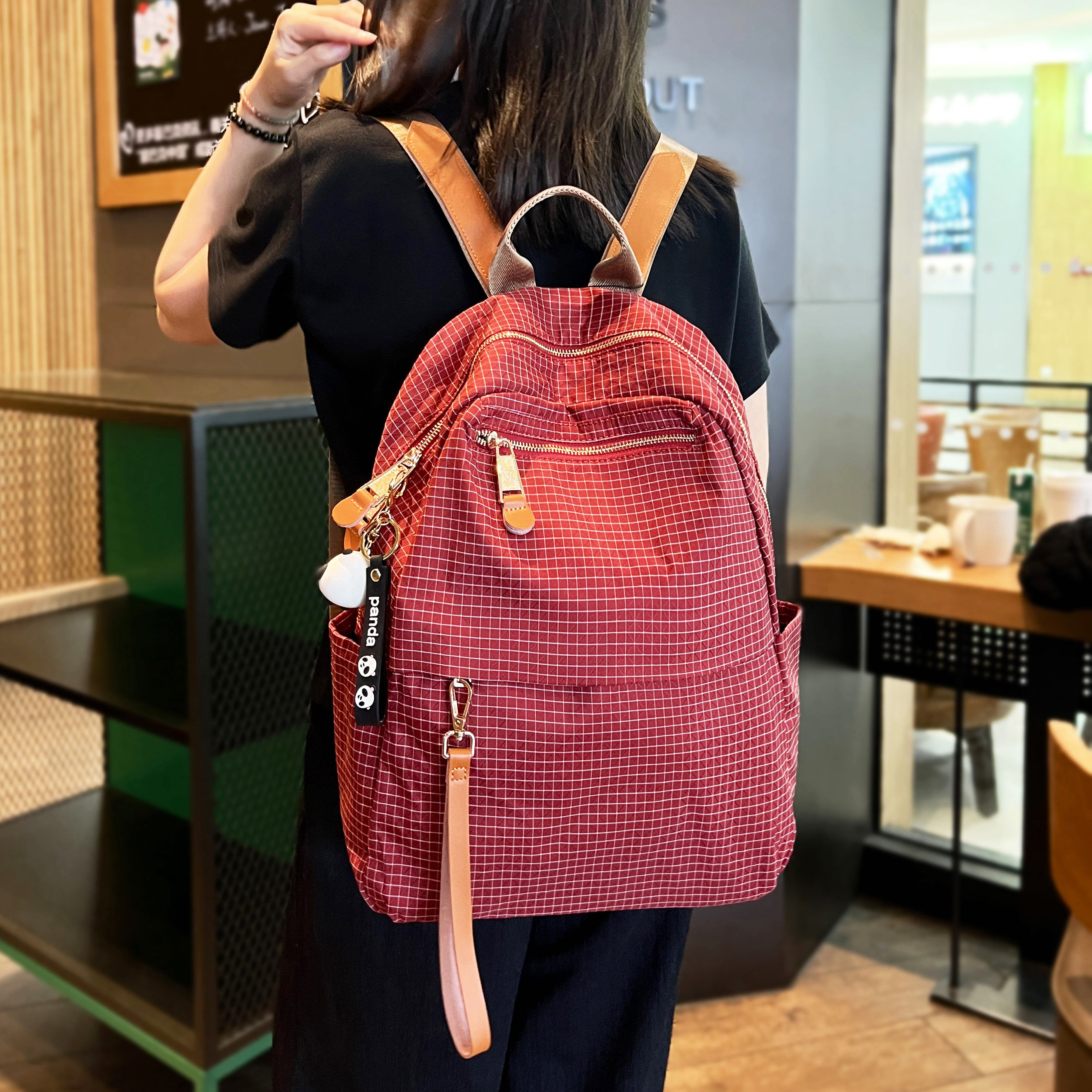 法国ZAMP格纹防水布双肩包女新款时尚高颜值通勤百搭背包轻便旅行
