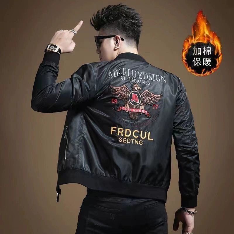 潮牌春秋季黑色夹克男外套新款修身飞行员加厚韩版休闲拉链棒球领