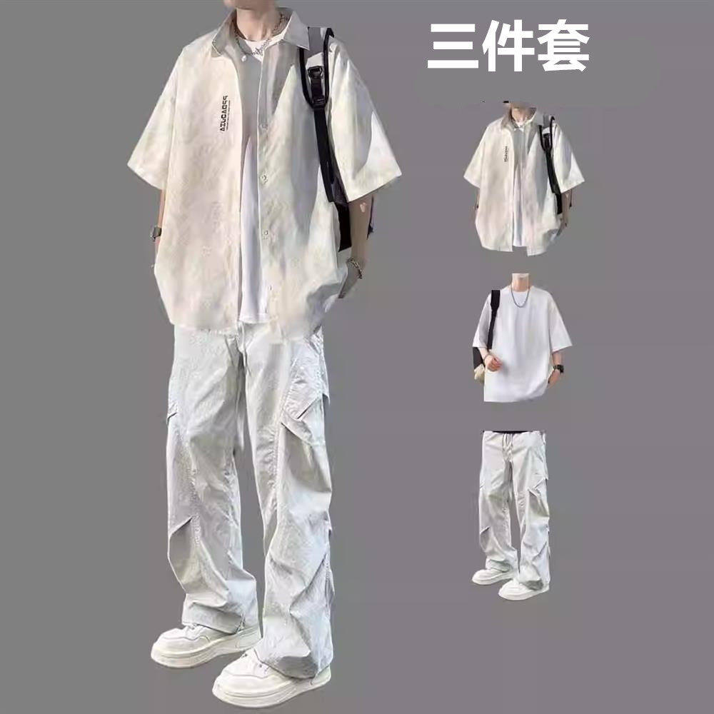 冰丝休闲套装男夏季潮牌短袖衬衫直筒工装裤青少年痞帅穿搭三件套