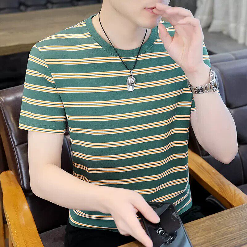 条纹纯棉短袖t恤男夏季2026新款薄款韩版潮流修身圆领男士半截袖
