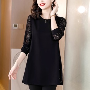 t恤 中年妈妈洋气蕾丝拼接遮肚显瘦长袖 潮牌中长款 上衣女春秋大码