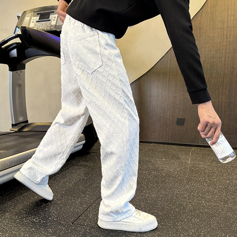 白色格子牛仔裤男款春秋季潮牌痞帅高级感宽松直筒裤阔腿休闲长裤
