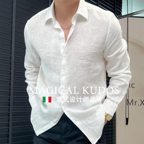 【MK专柜】MAGICAL KUDOS~高品质棉亚麻纯色长袖衬衫宽松上衣衬衣