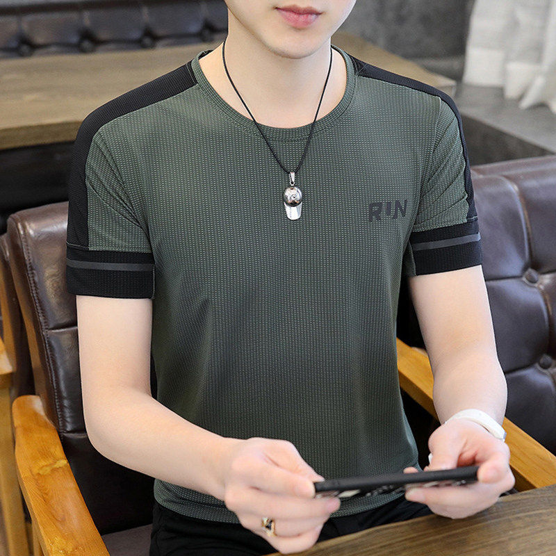 高端冰丝速干短袖t恤男夏季圆领休闲运动网眼透气桑蚕丝男士半袖