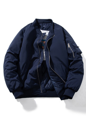 MUSONMU美式工装飞行员夹克男女情侣款棒球棉服蓝色加厚棉衣外套