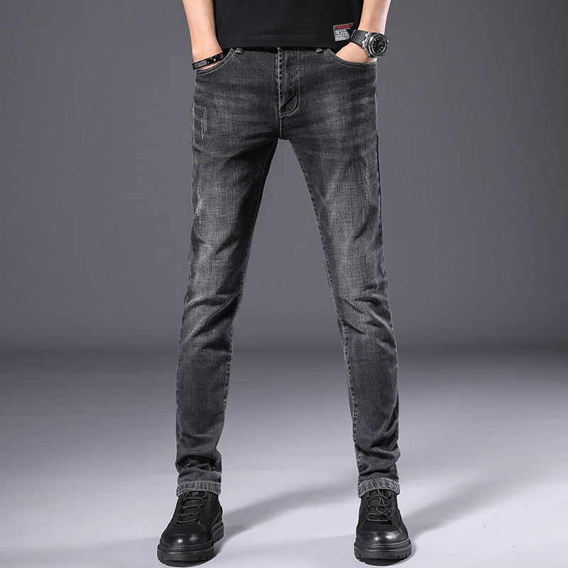香港高端秋季新款烟灰色牛仔裤男弹力百搭加绒修身小脚休闲长裤子