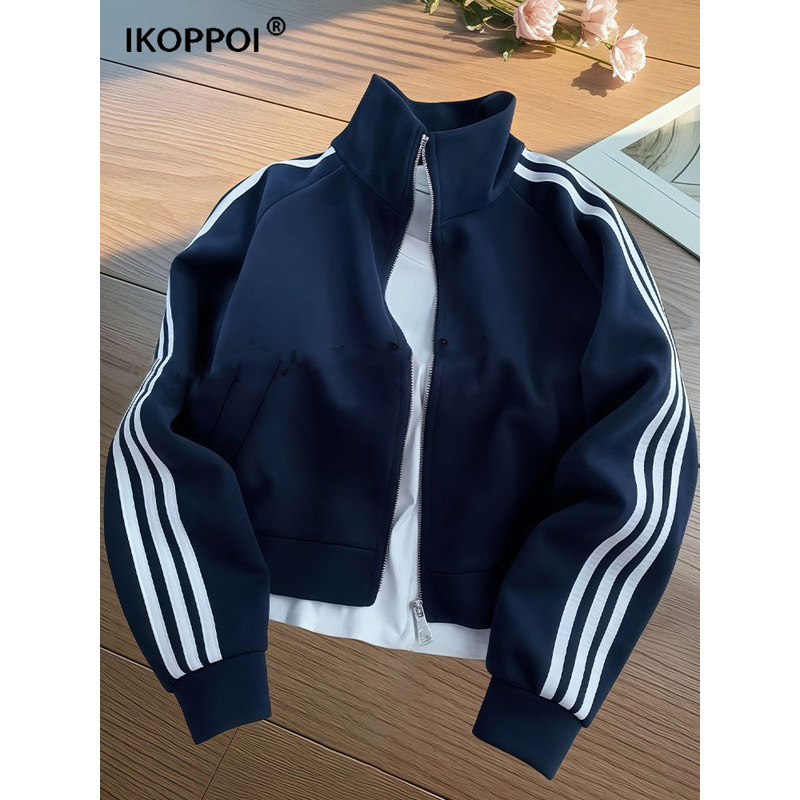 高端男士三道杠条纹卫衣外套2025春秋美式重磅立领棒球服短款夹克