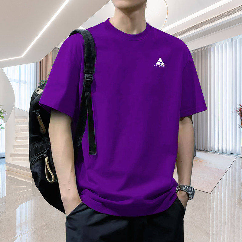 紫色港式潮流大码男装t恤短袖纯棉运动服时尚百搭小标简约打底衫