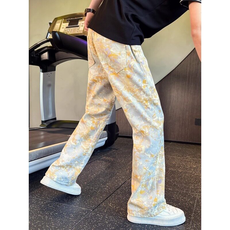 满印微喇牛仔裤男潮牌秋季痞帅直筒长裤2025新款高级感薄款休闲裤