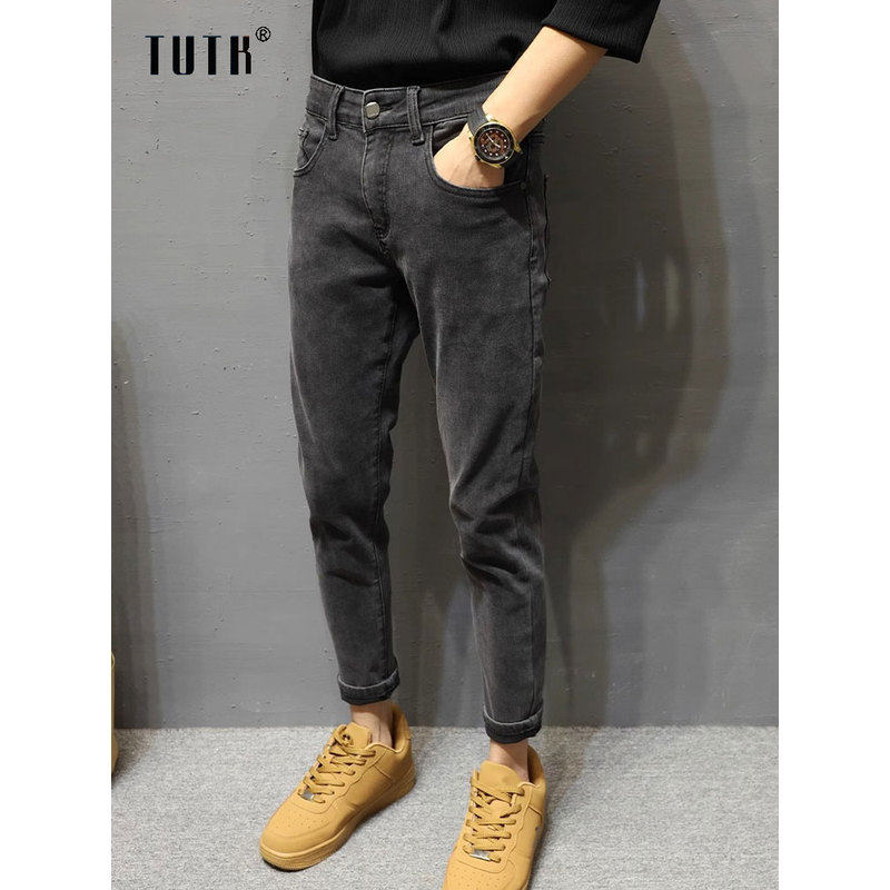 牛仔裤男春秋季潮牌修身小脚九分裤男士潮流百搭复古水洗休闲裤子