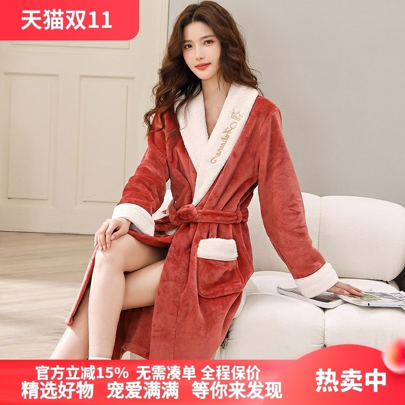 法兰绒睡袍冬季女款加厚长款睡衣女加绒情侣珊瑚绒大码浴袍家居服