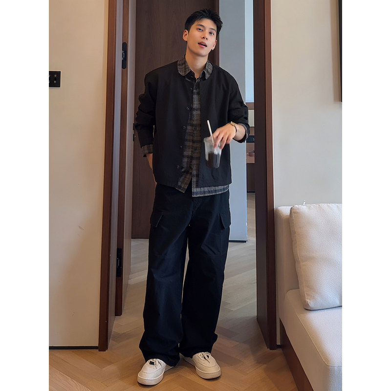 韩系假两件黑色格纹衬衫领开衫毛衣男秋冬软糯宽松加厚针织衫外套