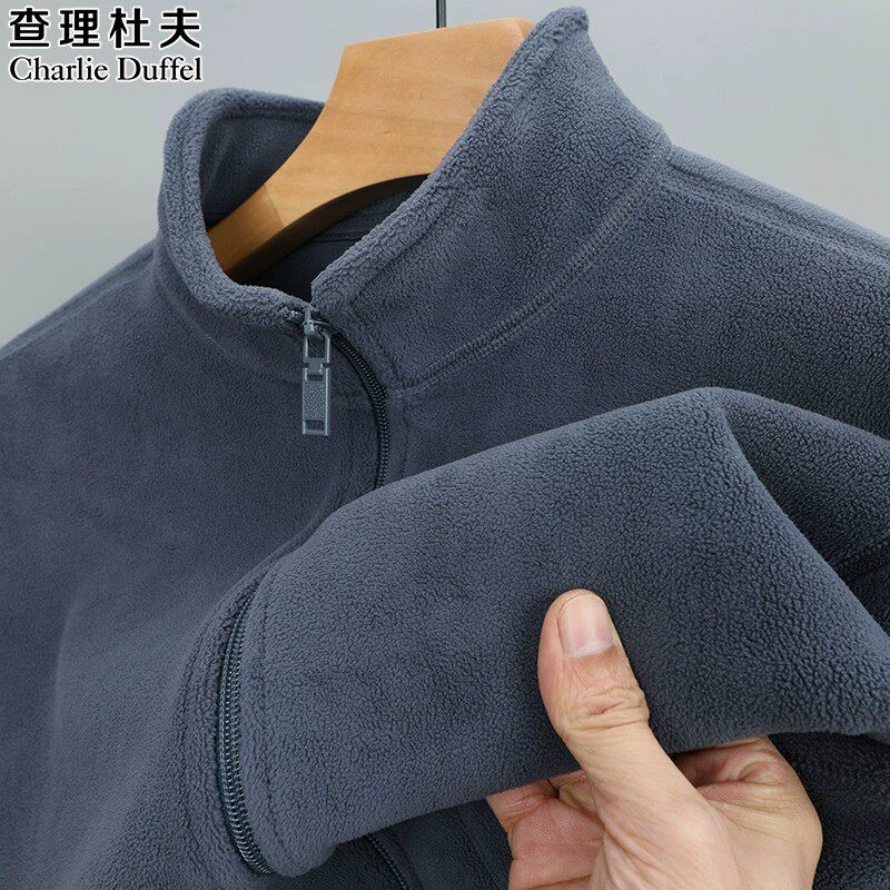 高端秋冬季摇粒绒加绒加厚保暖拉链外套夹克开衫卫衣男款立领衣潮