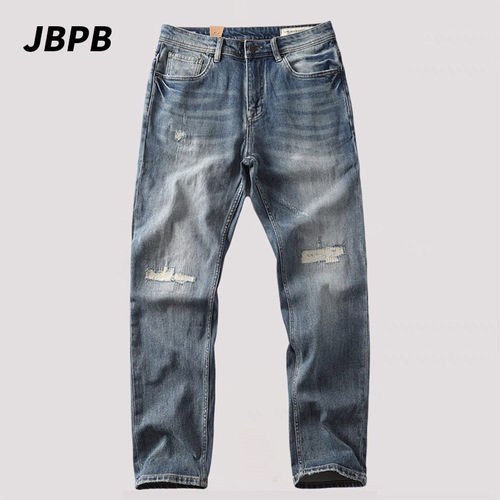 JBPB品牌专柜新款美式复古弹力水洗破洞牛仔裤男直筒宽松休闲长裤
