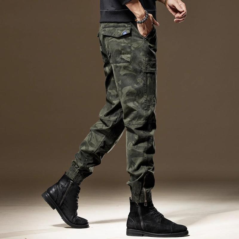 高端秋季新款军绿色迷彩工装裤子男士潮牌修身重磅束脚休闲长裤男