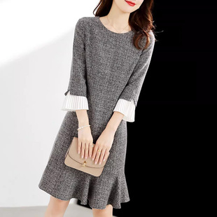 潮牌荷叶边撞色拼接七分袖 收腰显瘦a字裙子 气质连衣裙女秋冬新款