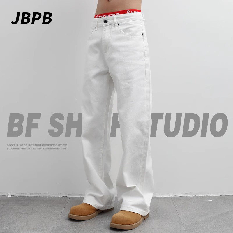 JBPB品牌专柜春夏季新款简约白色牛仔裤男士宽松直筒百搭休闲长裤