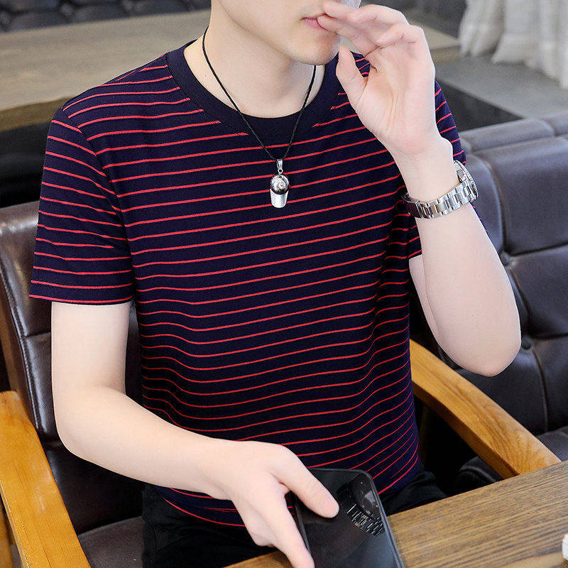 夏季纯棉短袖t恤男士高端潮牌休闲百搭刺绣圆领条纹套头体恤衫潮