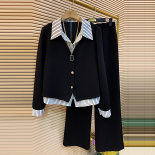 微胖MM衬衫 新款 领假两件上衣阔腿裤 女春秋季 显瘦两件套装 潮牌大码