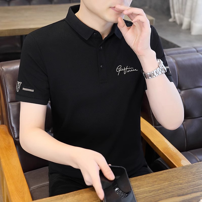 高端男士短袖POLO衫夏季翻领刺绣男T恤黑色简约冰丝商务休闲半袖