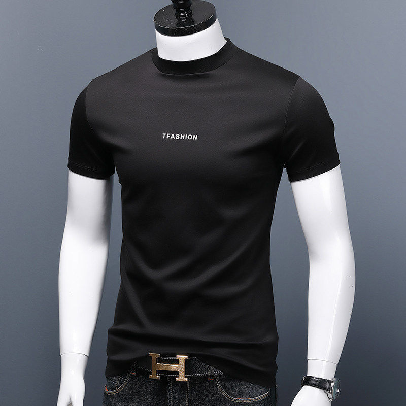 夏季高端通勤修身短袖t恤男士冰丝中高领半袖体恤纯棉丝光棉上衣