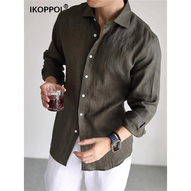 高端男士老钱风亚麻长袖衬衫2025夏季薄款透气凉感慵懒松弛感衬衣