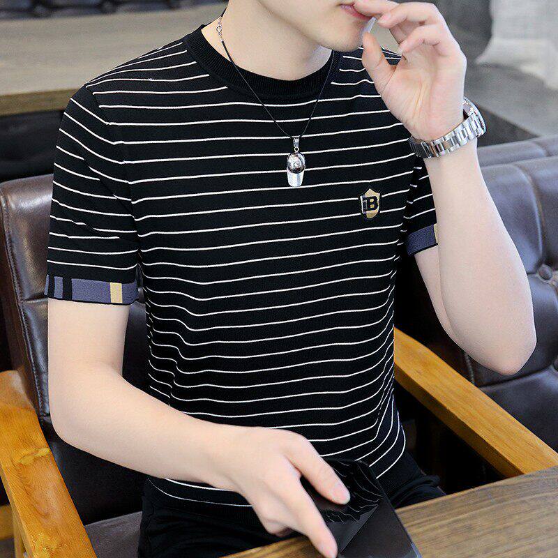 新款冰丝短袖t恤男夏季潮牌高端刺绣针织条纹男士休闲薄款修身衣