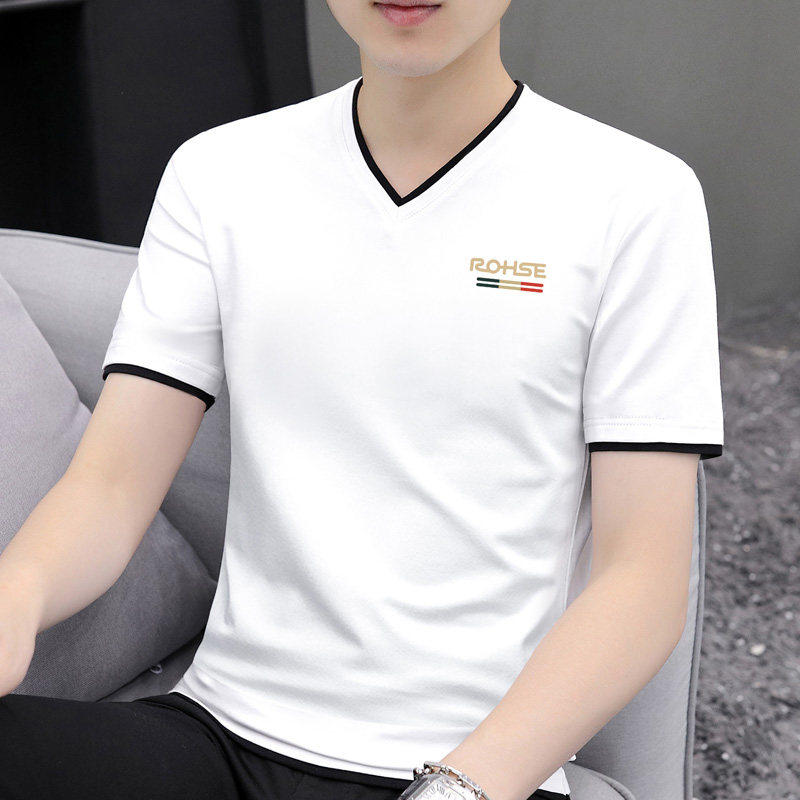 高端v领纯棉短袖t恤男夏季2026新款印花潮流修身薄款男士白色半袖